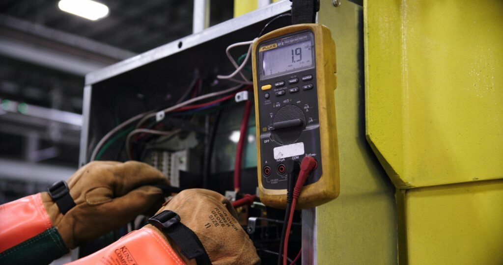 Diagnostic électrique avec multimètre sur un tableau de commande industriel au Cres